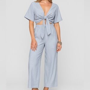 🆕🩵BuddyLove Ilene Striped Cropped Jumpsuit XS Blue White Summer Boho Resort Wear